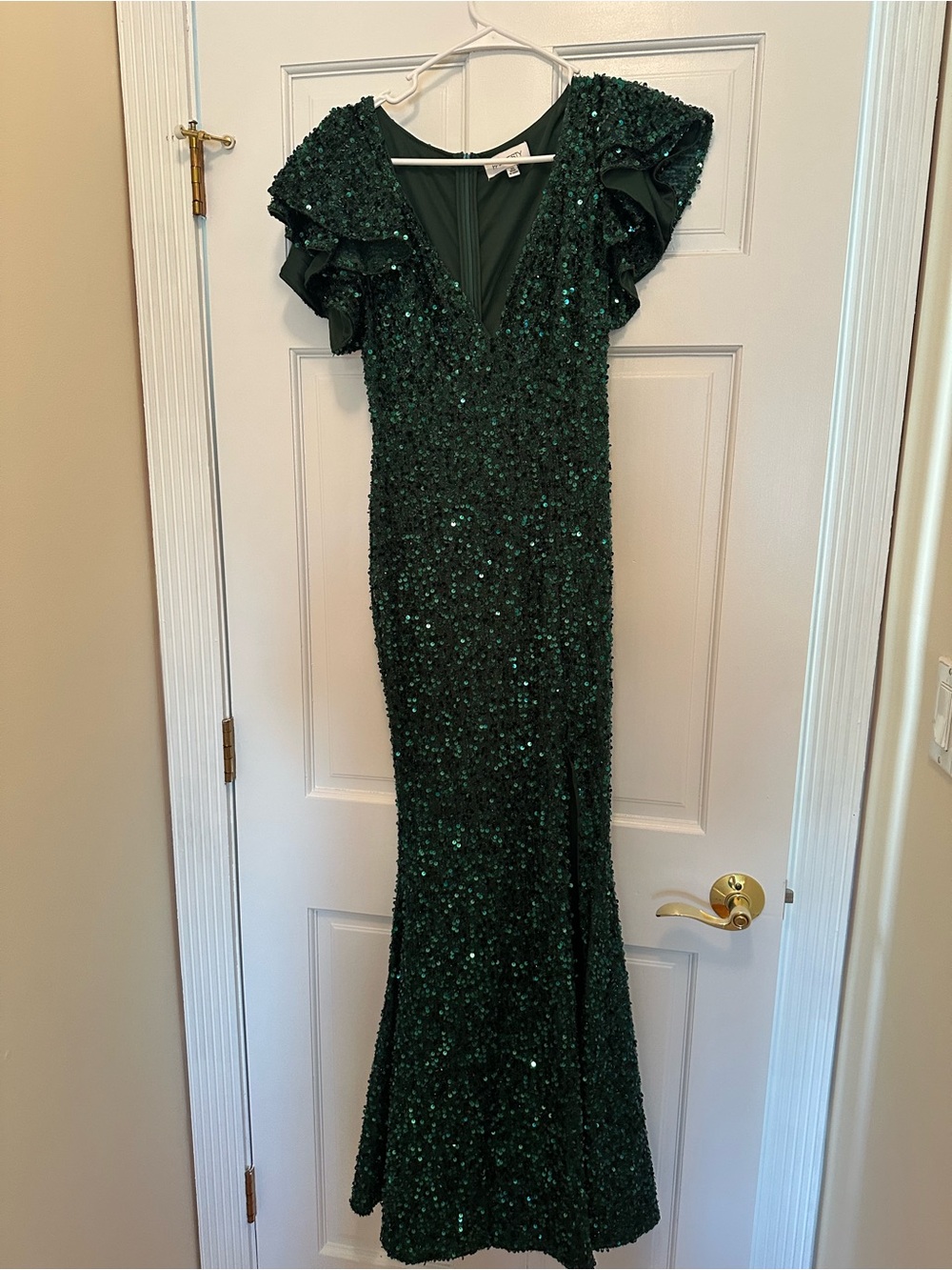 Faeriesty Emerald Sequin Ruffle Sleeve Evening Gown